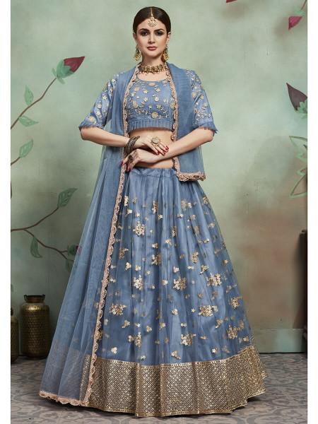 Women's  Grey Soft Net Heavy Embroidered Lehenga