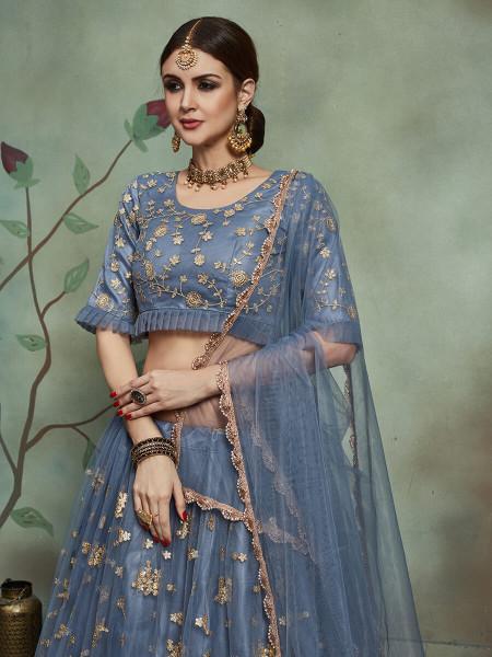 Women's  Grey Soft Net Heavy Embroidered Lehenga