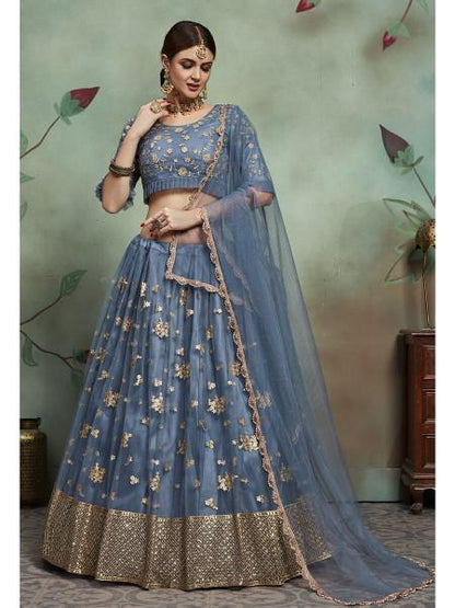 Women's  Grey Soft Net Heavy Embroidered Lehenga