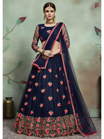 Women's  Navy Blue Soft Net Heavy Embroidered Lehenga