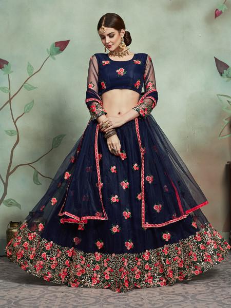 Women's  Navy Blue Soft Net Heavy Embroidered Lehenga