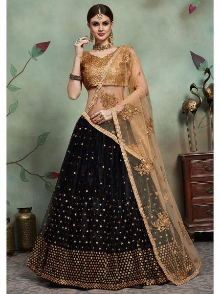 Women's  Black Soft Net Heavy Embroidered Lehenga