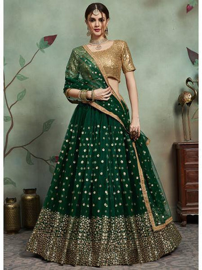 Women Dark Green Embroidered Lehenga  (3pcs Set)