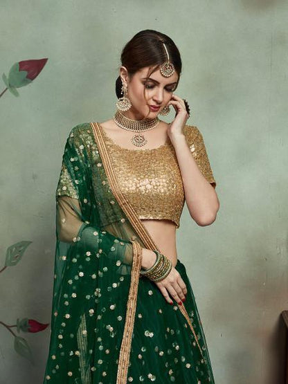 Women Dark Green Embroidered Lehenga  (3pcs Set)