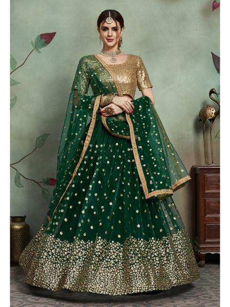 Women Dark Green Embroidered Lehenga  (3pcs Set)