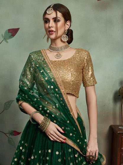 Women Dark Green Embroidered Lehenga  (3pcs Set)