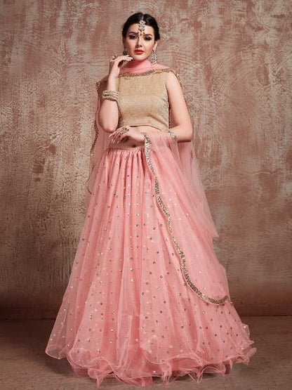 Women Baby Pink Heavy Embroidered Lehenga  (3pcs Set)