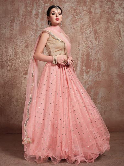 Women Baby Pink Heavy Embroidered Lehenga  (3pcs Set)