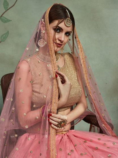 Women's  Baby Pink Soft Net Heavy Embroidered Lehenga