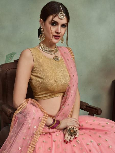 Women's  Baby Pink Soft Net Heavy Embroidered Lehenga