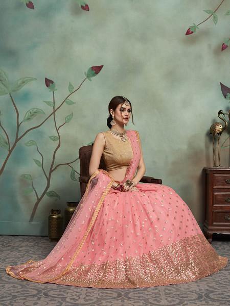 Women's  Baby Pink Soft Net Heavy Embroidered Lehenga