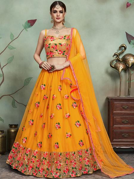 Women Mustard Yellow Embroidered Lehenga Choli  (3pcs Set)