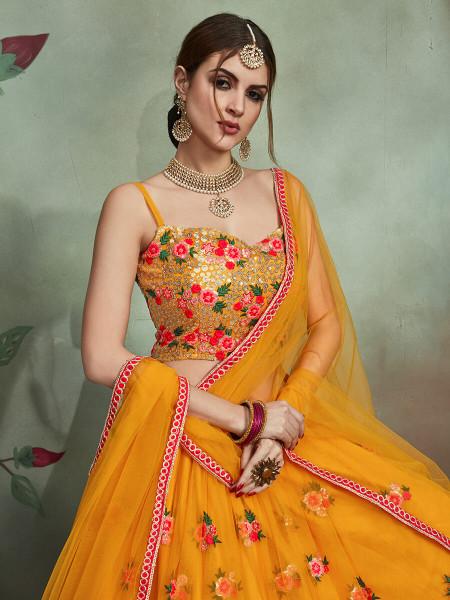 Women Mustard Yellow Embroidered Lehenga Choli  (3pcs Set)