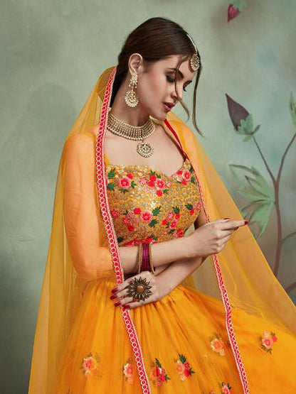 Women Mustard Yellow Embroidered Lehenga Choli  (3pcs Set)