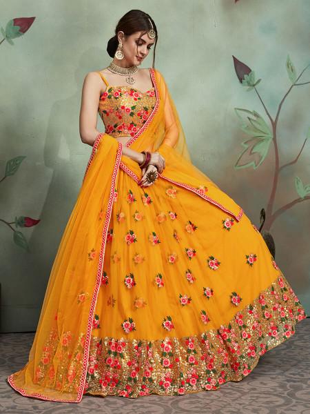 Women Mustard Yellow Embroidered Lehenga Choli  (3pcs Set)