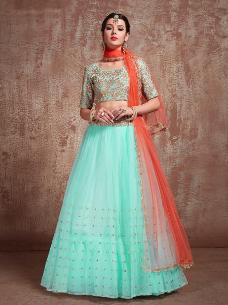 Women's  Blue Soft Net Heavy Embroidered Lehenga