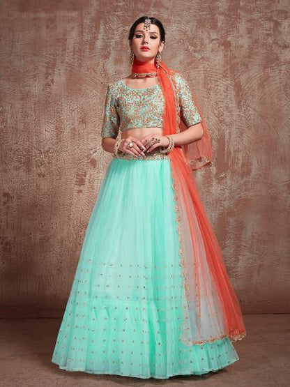 Women's  Blue Soft Net Heavy Embroidered Lehenga