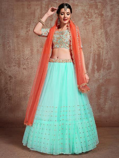 Women's  Blue Soft Net Heavy Embroidered Lehenga