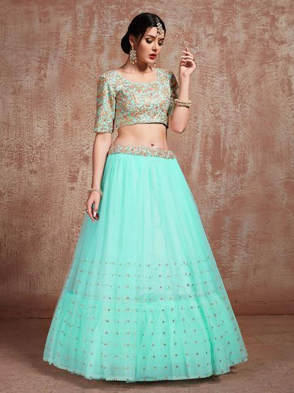 Women's  Blue Soft Net Heavy Embroidered Lehenga