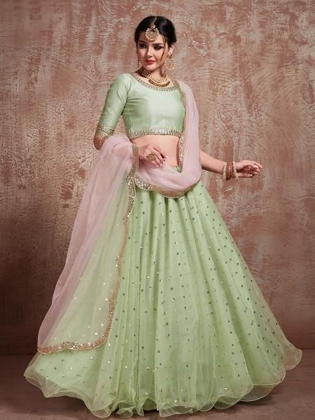 Women Pista Green Embroidered Lehenga  (3pcs Set)