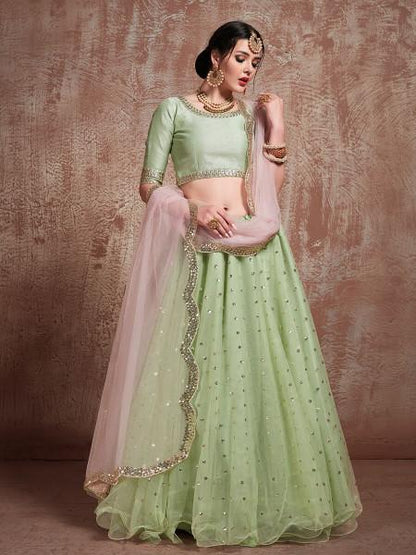 Women Pista Green Embroidered Lehenga  (3pcs Set)