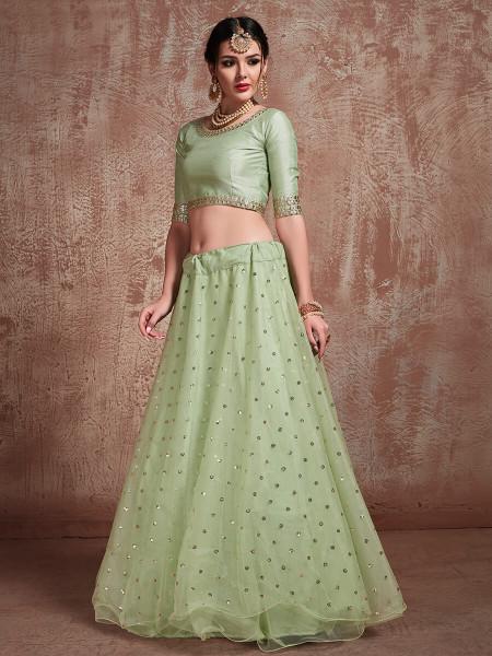 Women Pista Green Embroidered Lehenga  (3pcs Set)