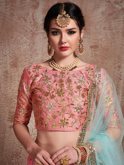 Women Pink Embroidered Lehenga Choli  (3pcs Set)