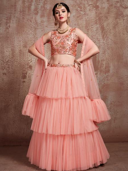 Women's  Peach Soft Net Heavy Embroidered Lehenga