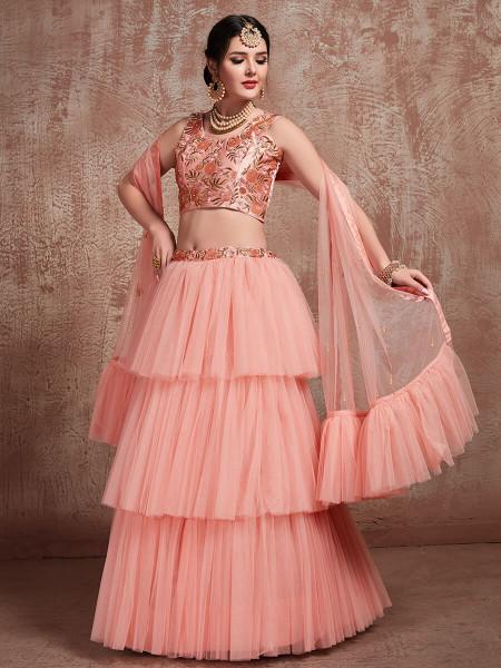 Women's  Peach Soft Net Heavy Embroidered Lehenga