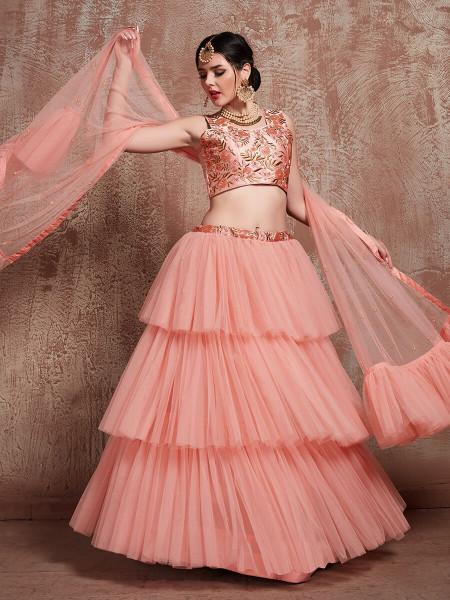 Women's  Peach Soft Net Heavy Embroidered Lehenga