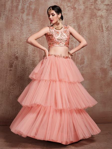 Women's  Peach Soft Net Heavy Embroidered Lehenga