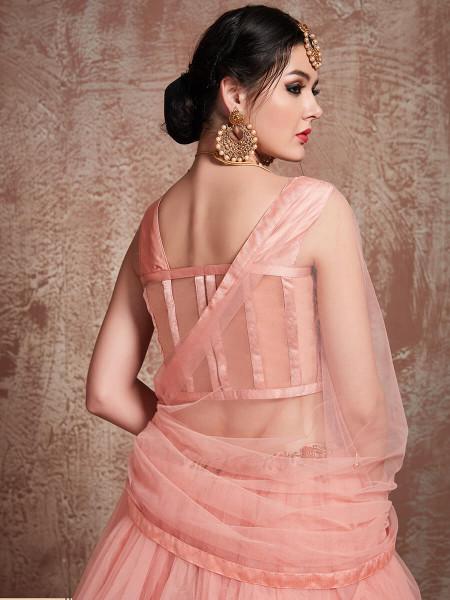 Women's  Peach Soft Net Heavy Embroidered Lehenga