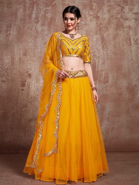 Women's  Musturd Soft Net Heavy Embroidered Lehenga