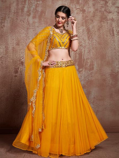 Women's  Musturd Soft Net Heavy Embroidered Lehenga