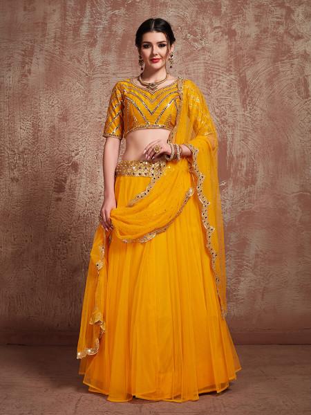 Women's  Musturd Soft Net Heavy Embroidered Lehenga