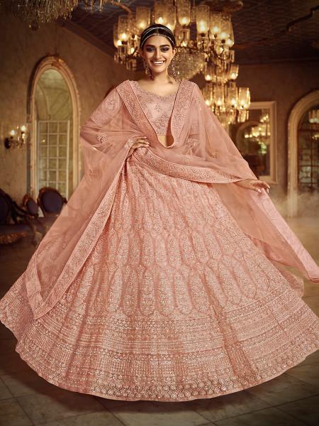 Women's  Peach Soft Net Heavy Embroidered Lehenga