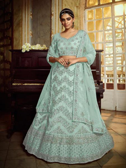 Women's  Sky Blue Soft Net Heavy Embroidered Lehenga