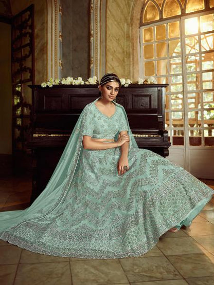 Women's  Sky Blue Soft Net Heavy Embroidered Lehenga