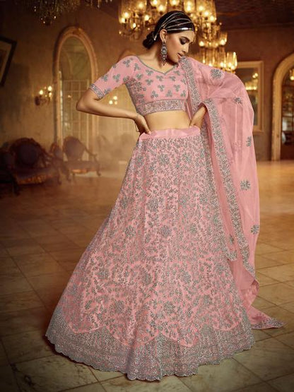 Women's  Pink Soft Net Heavy Embroidered Lehenga