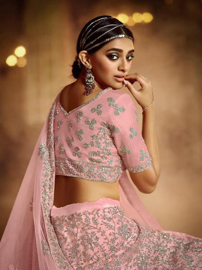 Women's  Pink Soft Net Heavy Embroidered Lehenga