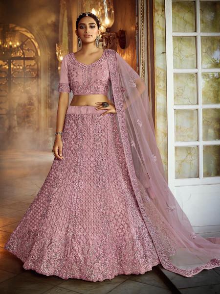 Women's  Pink Soft Net Heavy Embroidered Lehenga