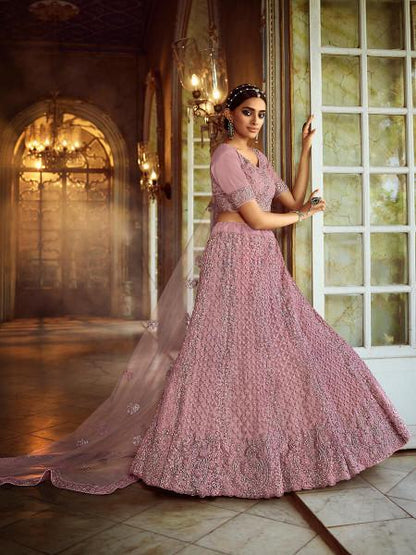 Women's  Pink Soft Net Heavy Embroidered Lehenga