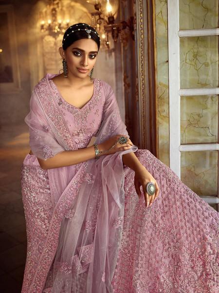 Women's  Pink Soft Net Heavy Embroidered Lehenga