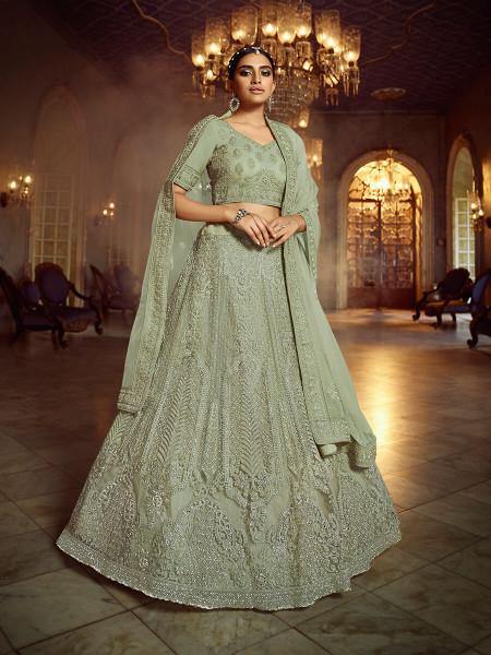 Women's  Green Soft Net Heavy Embroidered Lehenga