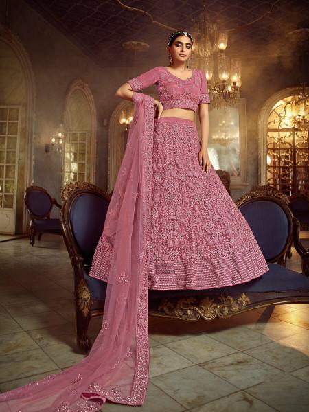 Women's  Pink Soft Net Heavy Embroidered Lehenga