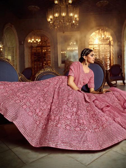 Women's  Pink Soft Net Heavy Embroidered Lehenga