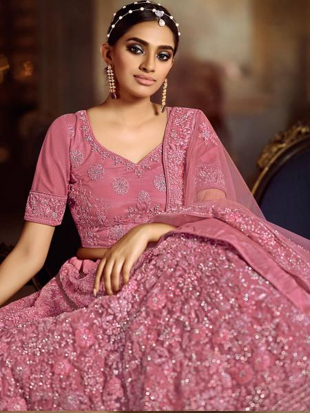 Women's  Pink Soft Net Heavy Embroidered Lehenga