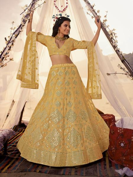 Women's  Musturd Yellow Embroidered Organza Lehenga