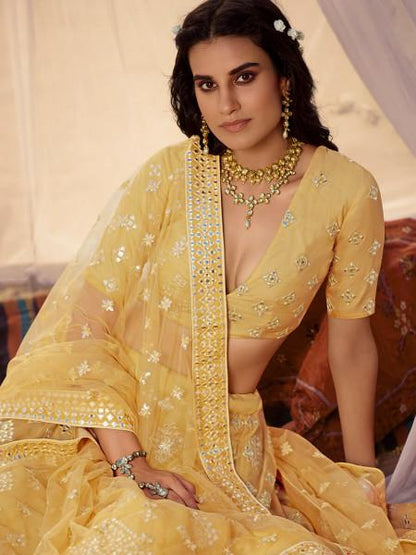 Women's  Musturd Yellow Embroidered Organza Lehenga