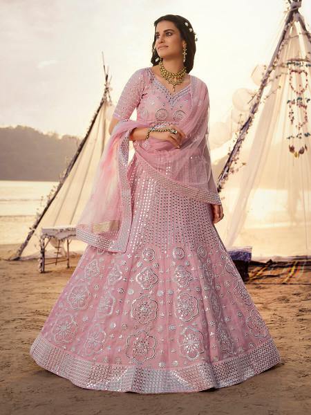 Women's  Baby Pink Embroidered Organza Lehenga